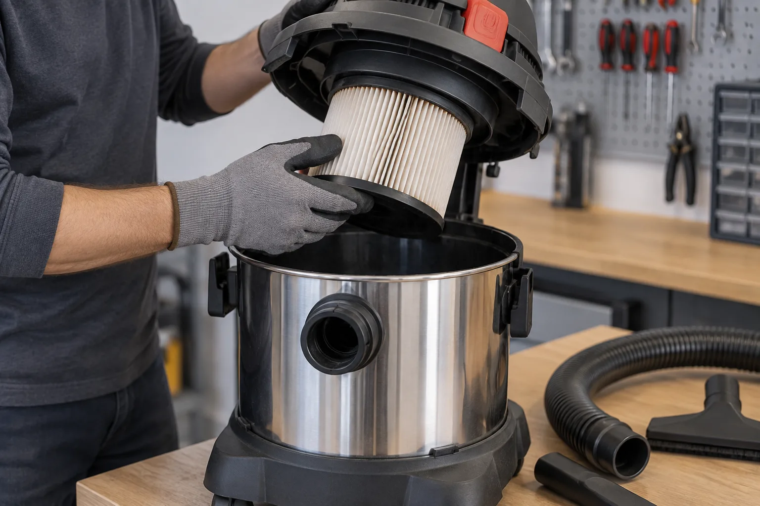 Un filtre et le réservoir d’un aspirateur d’atelier sont inspectés avant leur remise en place.