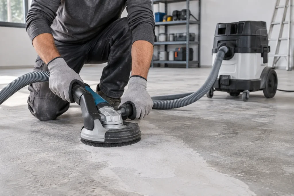 Meuleuse munie d’un carter aspirant et reliée par un flexible à un aspirateur d’atelier au contact d’une dalle.