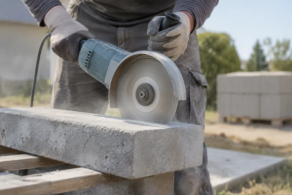 Une meuleuse équipée d’un disque diamanté coupe un pavé en béton posé sur un support stable.
