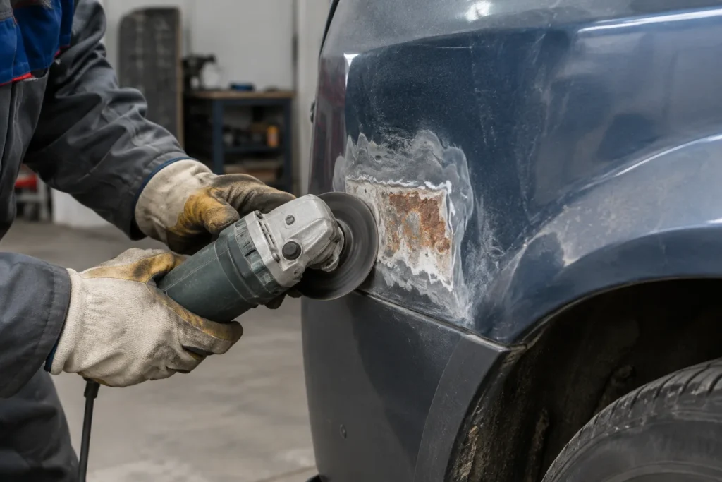 Meuleuse d’angle approchée d’une zone de carrosserie où la peinture et la rouille ont été décapées.
