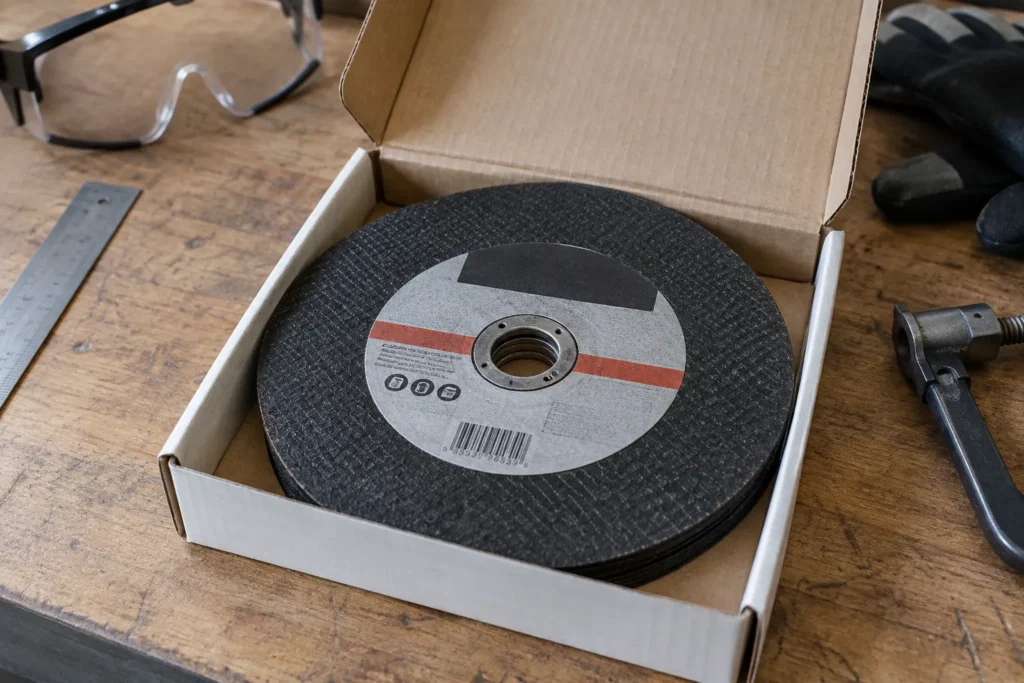 Disque abrasif de meuleuse posé dans son emballage ouvert sur un établi.