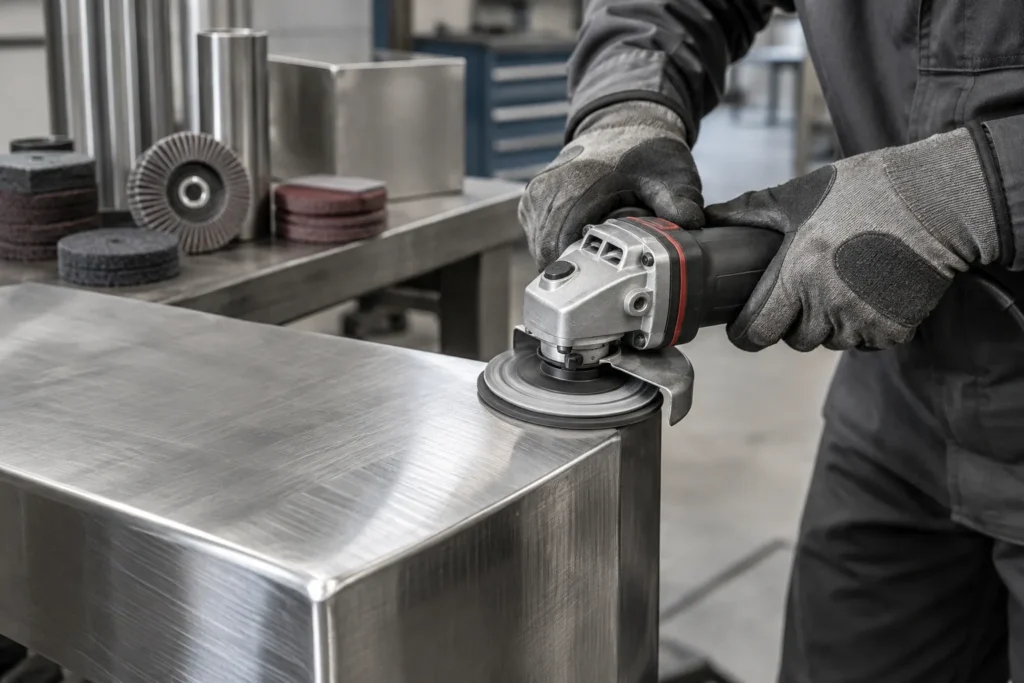 Meuleuse d’angle équipée d’un disque abrasif travaillant une pièce en inox brossé dans un atelier.