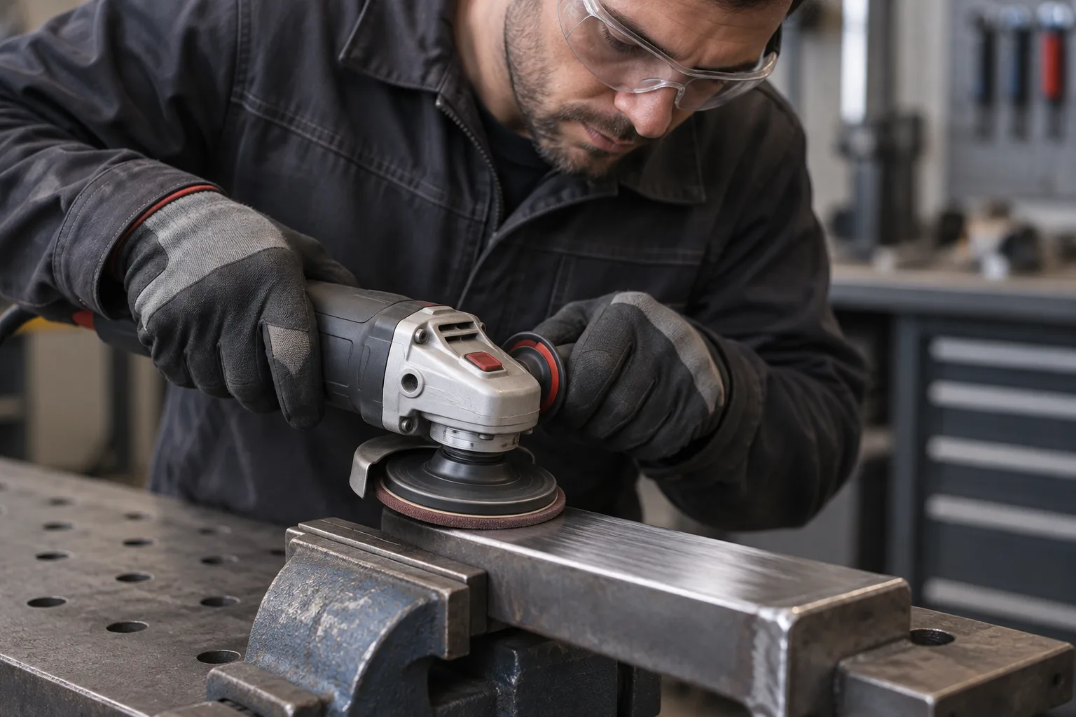 Opérateur équipé de lunettes de protection réalisant une finition sur une pièce métallique fixée à l’établi.