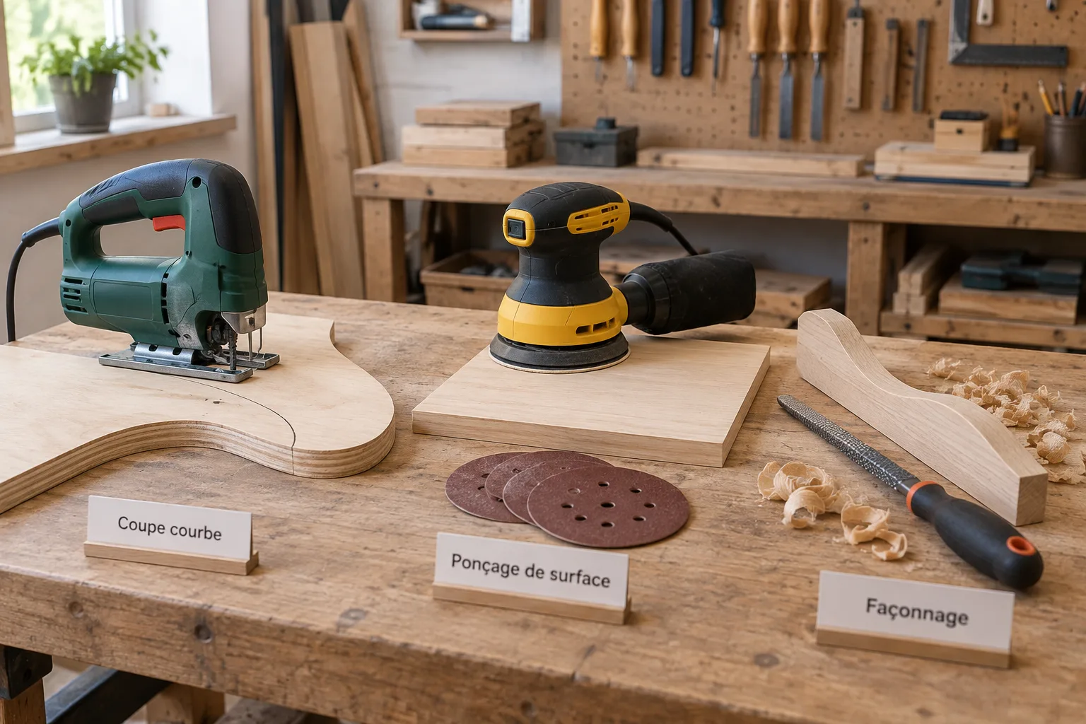 Une scie sauteuse, une ponceuse excentrique et un outil manuel sont disposés près de pièces de bois préparées pour des opérations différentes.
