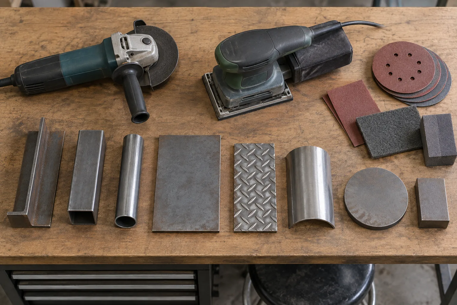 Meuleuse, ponceuse et abrasifs manuels disposés près de pièces métalliques de formes différentes.