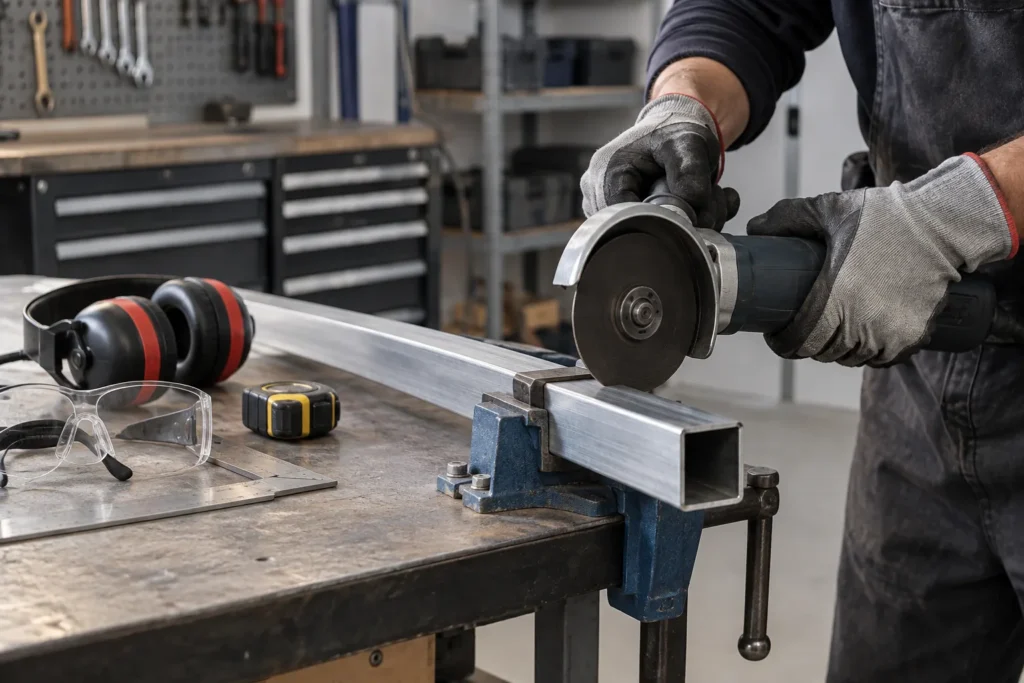 Profilé creux en aluminium serré sur un établi à côté d’une meuleuse d’angle équipée d’un disque de coupe.