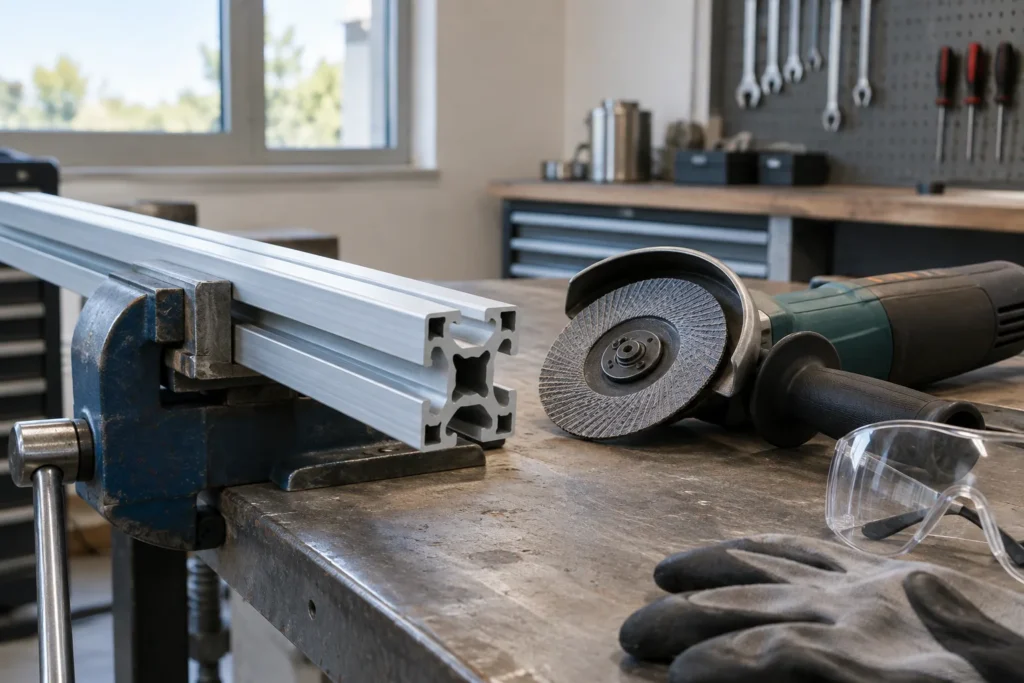 Profilé en aluminium fixé sur un établi à côté d’une meuleuse d’angle équipée d’un disque abrasif.