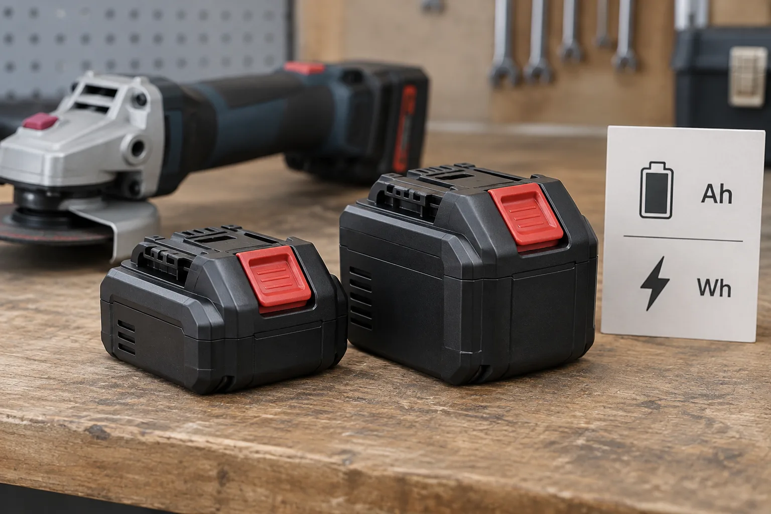 Deux batteries de meuleuse sans fil de formats différents disposées à côté d’une fiche technique neutre.