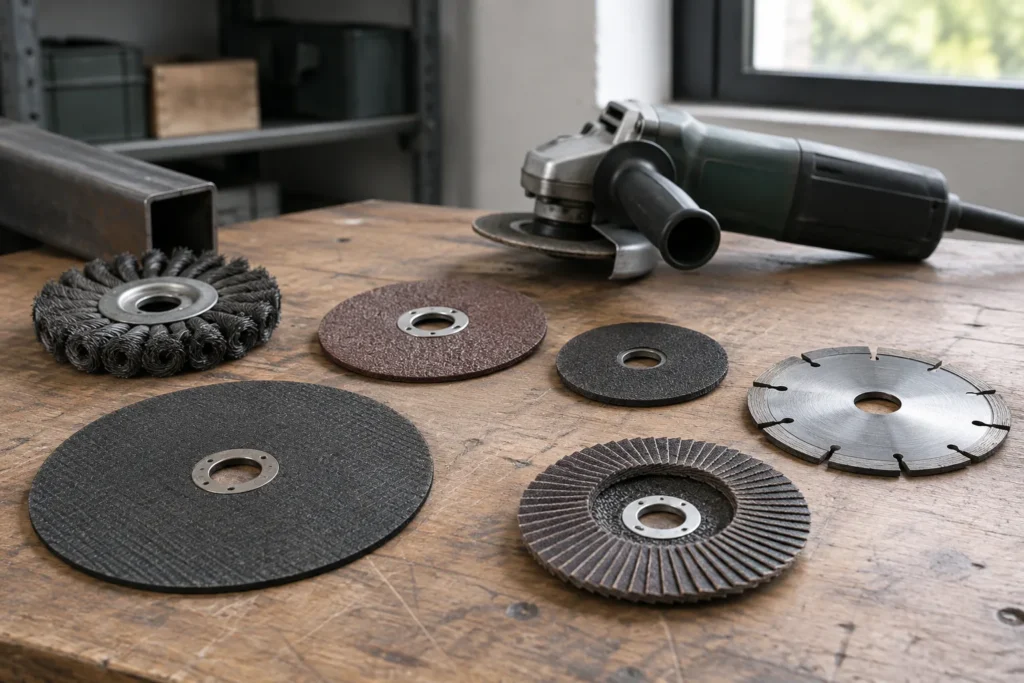 Disques de meuleuse de plusieurs diamètres disposés sur un établi devant une meuleuse d’angle.