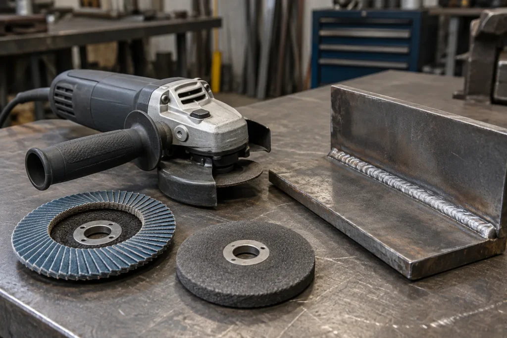 Meuleuse d’angle, disque à lamelles et meule abrasive posés près d’une pièce en acier soudée.