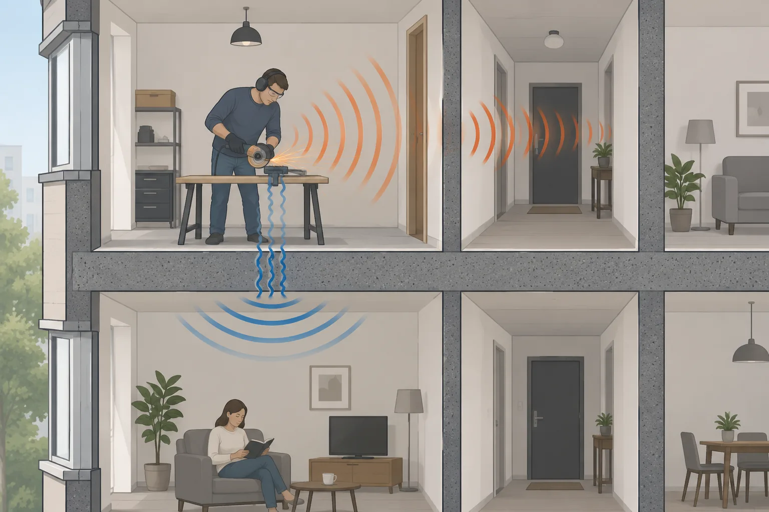 Coupe d'un immeuble montrant le bruit d'une meuleuse qui se propage dans l'air et des vibrations qui passent par le plancher.