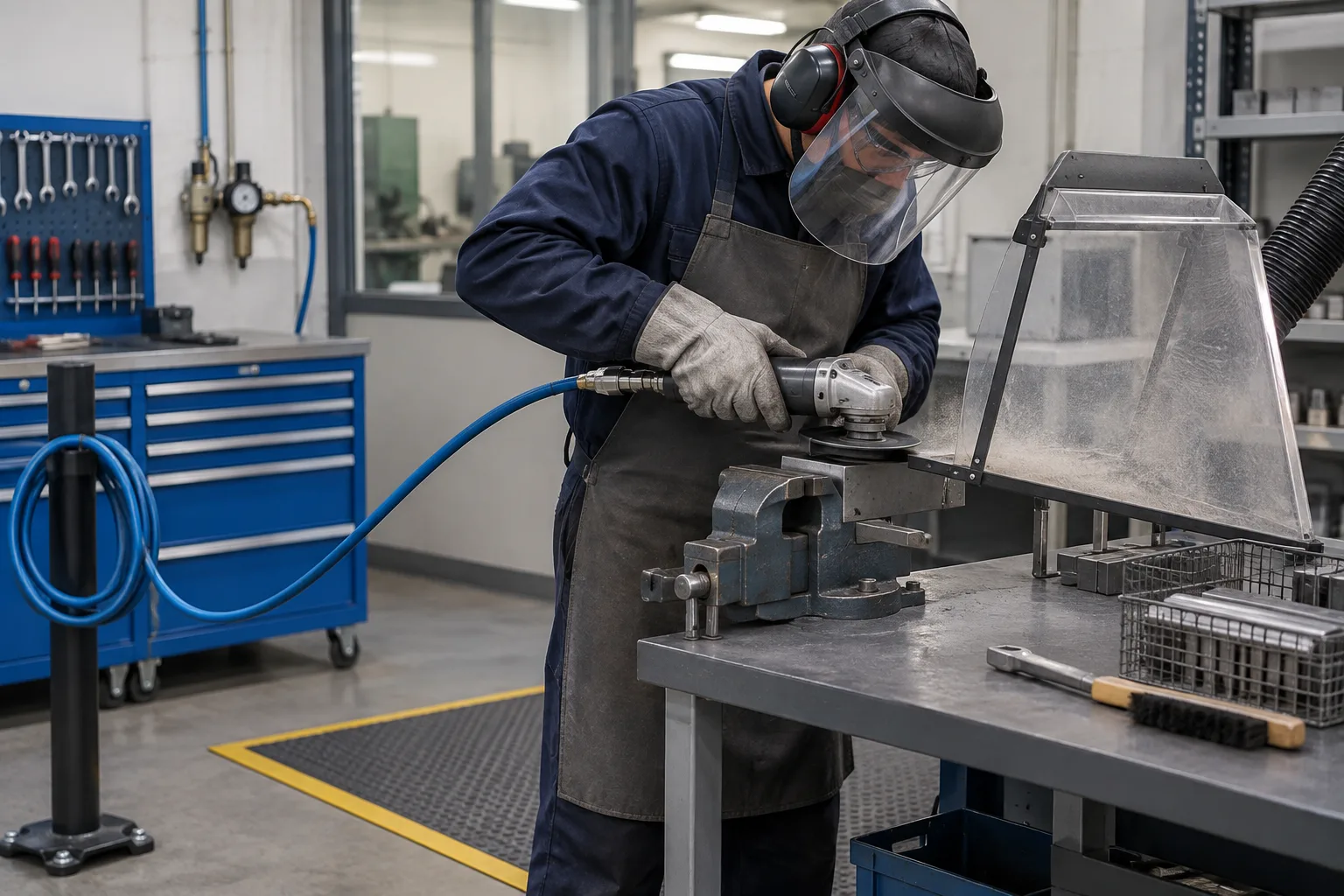 Opérateur portant des protections et utilisant une meuleuse pneumatique avec son flexible dégagé.