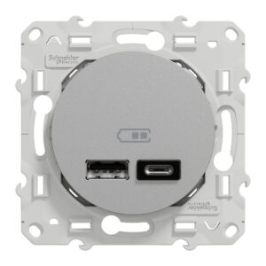 Prise chargeur Schneider Electric Odace à deux ports USB A et C, finition aluminium.