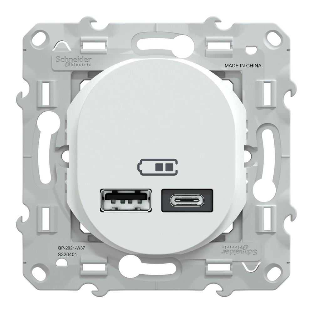 Prise chargeur double USB Ovalis blanche avec ports USB-A et USB-C