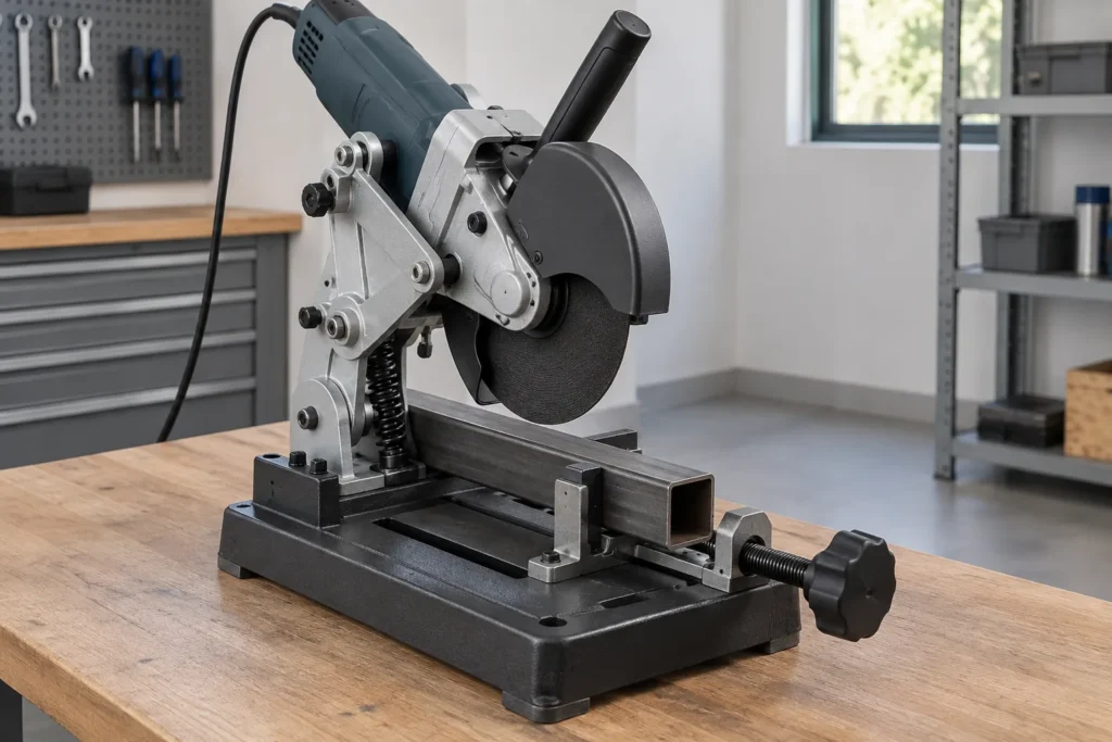 Meuleuse d’angle fixée sur un support de tronçonnage, avec un profilé métallique maintenu dans l’étau.
